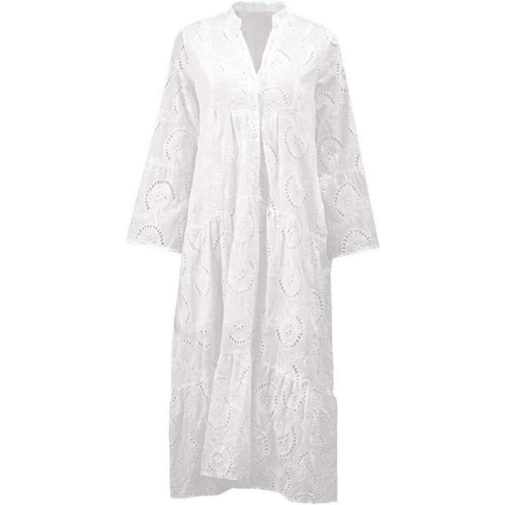 Women's Lace Maxi Dress Cotton Eyelet V Neck Tiered Swing Hem Casual Wear - Picture 4 of 5